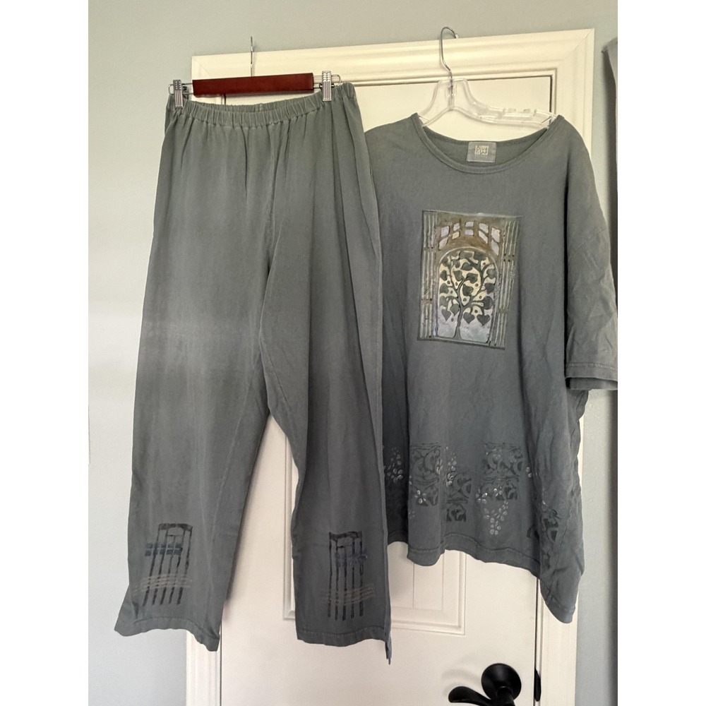 Blue Fish Lounge Set Womens One Size Green Organic Cotton Shirt Pants Art Floral